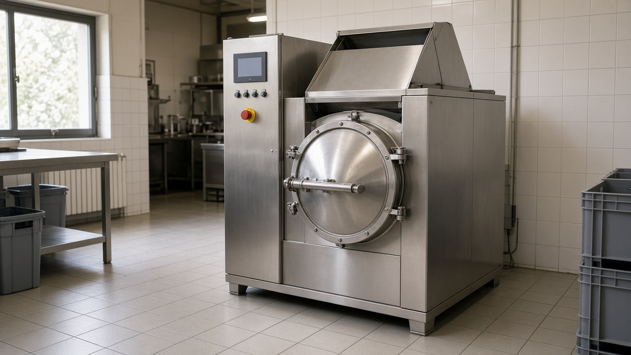 Operator loading food waste into the feeding hatch of a stainless steel industrial compost machine in a hotel service yard
