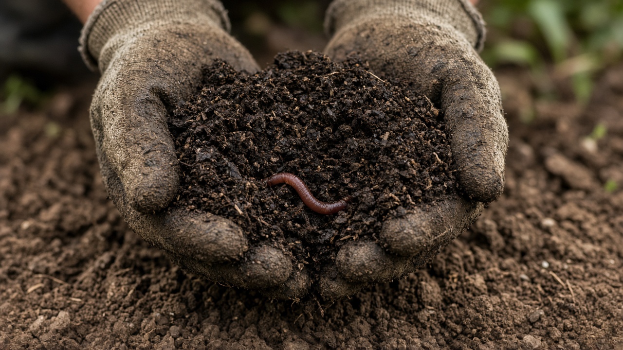 Hände in Arbeitshandschuhen halten dunklen, krümeligen Reifekompost mit Regenwurm über lockerer Gartenerde