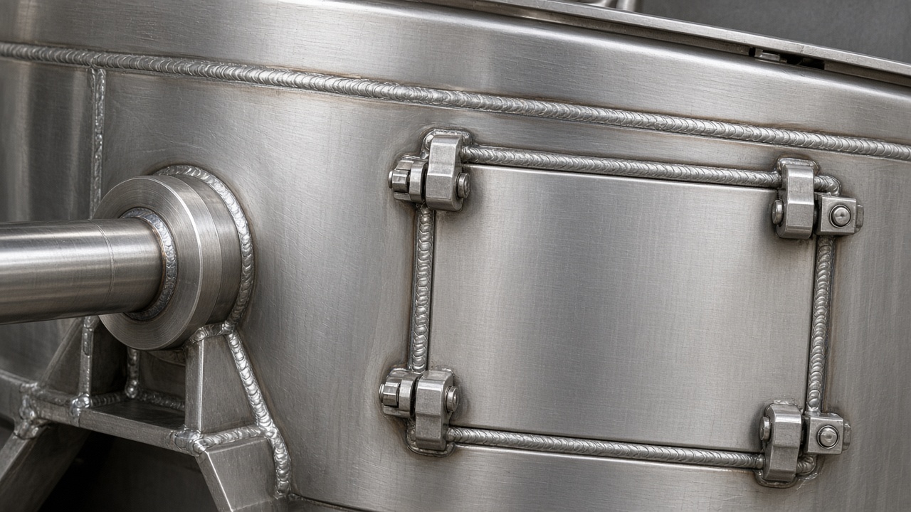 Detail von gebürsteten Edelstahl-Schweißnähten, Rührwelle und Inspektionsklappe an einer industriellen Kompostiermaschine
