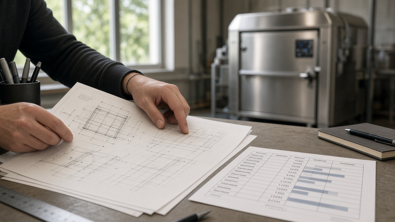Technische Zeichnungen und Budgetplan werden für einen Förderantrag geprüft, im Hintergrund eine industrielle Kompostiermaschine