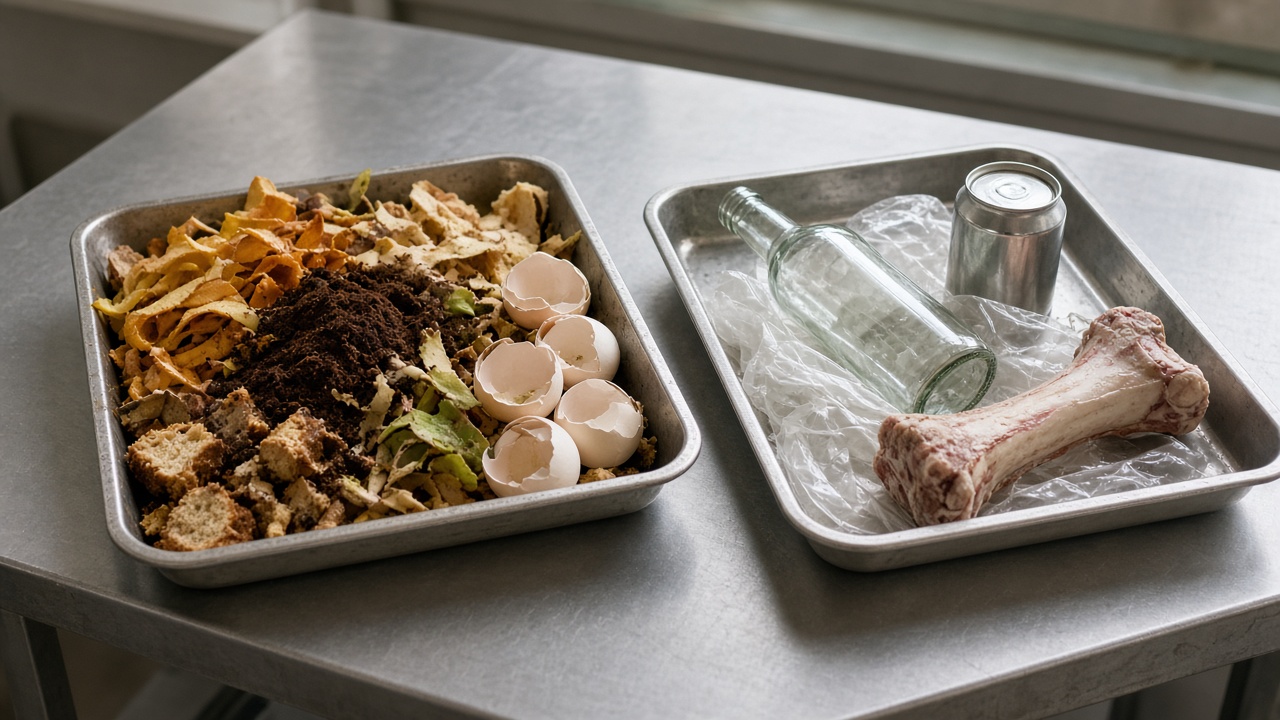 Kompostierbare Gemüseschalen und Brot neben aussortiertem Kunststoff, Glas, Metall und einem großen Knochen