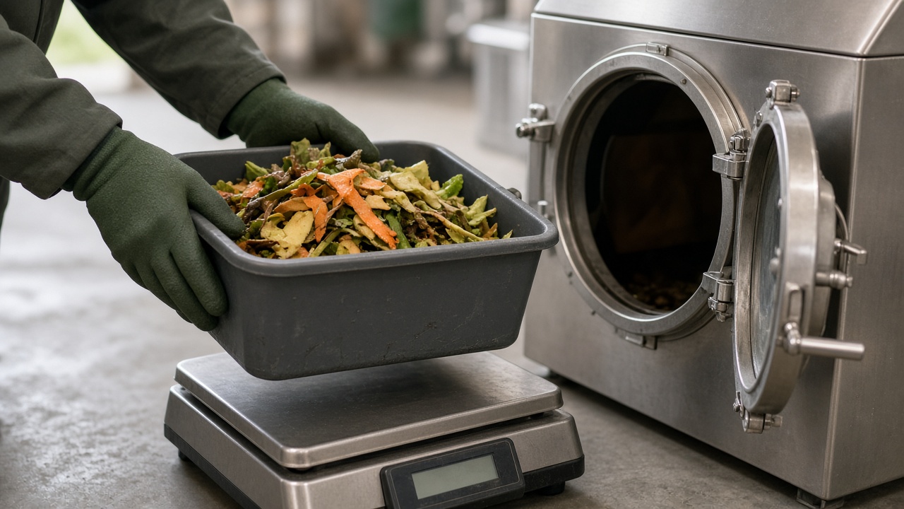 Bin of food scraps being weighed on a digital scale beside a compost machine to keep zero waste organic waste records